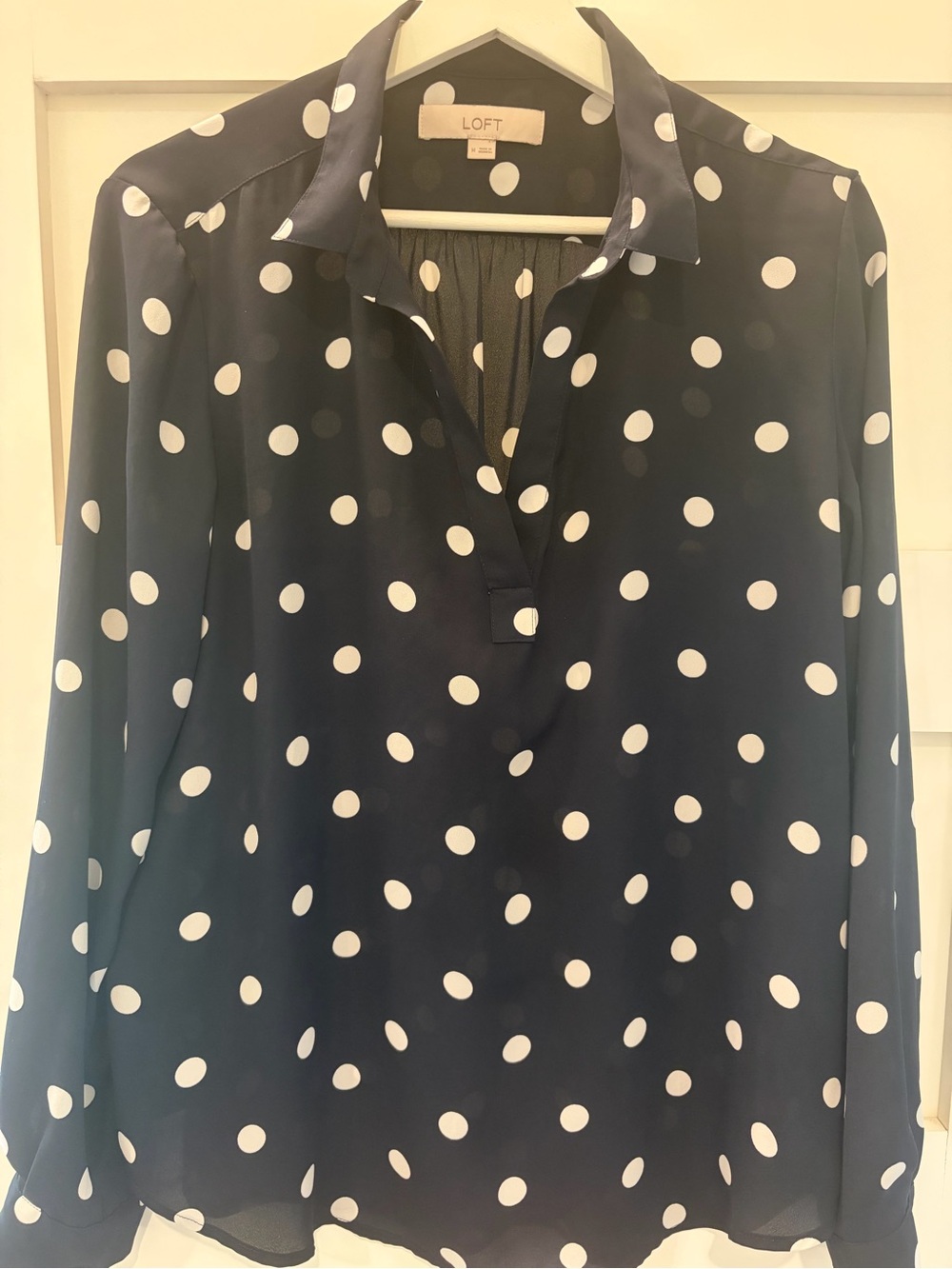LOFT Navy Polka Dot Blouse - White Dot Long Sleeve Medium
